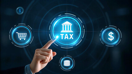 Fototapeta premium Electronic Taxation and Digital Economy Finger Touching a Virtual Button with Glowing Symbols