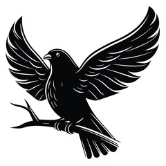 Obraz premium A fully black silhouette of a bird, depicted either in mid-flight with its wings gracefully spread wide or perched on a branch in a relaxed posture. 