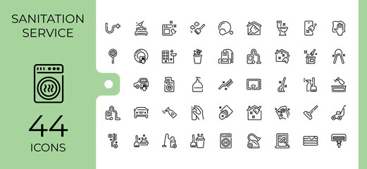 Cleaning And Maintenance icon set. Icons hygiene, stroke, sponge, scrubbing, disinfect, wash, clean and more. Icons for UI. Editable stroke. Vector illustration.