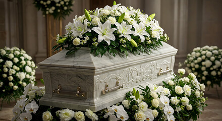 funeral service, coffin with floral arrangements