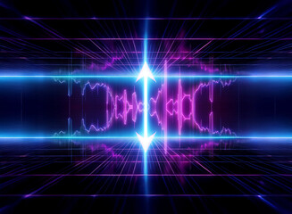 Futuristic abstract digital image with vibrant blue and purple neon lights. A grid structure and vertical arrows create a technological and dynamic scene.