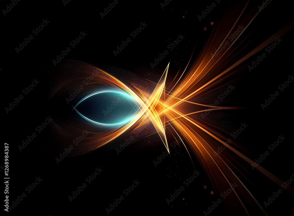 Aufkleber Abstract image with streaks of glowing gold and blue light.  Converging lines create a dynamic and futuristic design against a black background, radiating from a central point.
