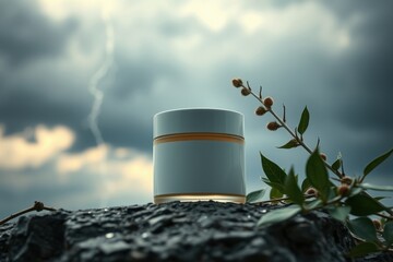 Glass jar with white lid and blank label, ideal for skincare and cosmetic mockup. Natural background in stormy and dramatic setting.
