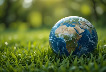 Concept Save the world save environment The world is in the grass of the green bokeh background 