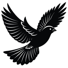 Obraz premium A fully black silhouette of a bird, depicted either in mid-flight with its wings gracefully spread wide or perched on a branch in a relaxed posture. 