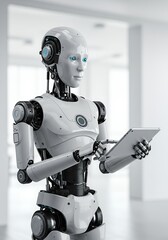 Robot android standing and holding a tablet, natural light, clean background.