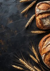 Freshly baked artisanal bread with golden wheat ears on a rustic black stone background