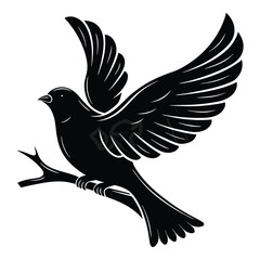 Obraz premium A fully black silhouette of a bird, depicted either in mid-flight with its wings gracefully spread wide or perched on a branch in a relaxed posture. 