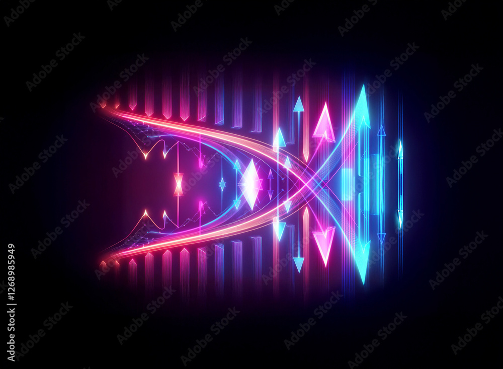 Leinwandbilder abstract symmetrical neon design features glowing pink and blue geometric shapes on a black backdrop