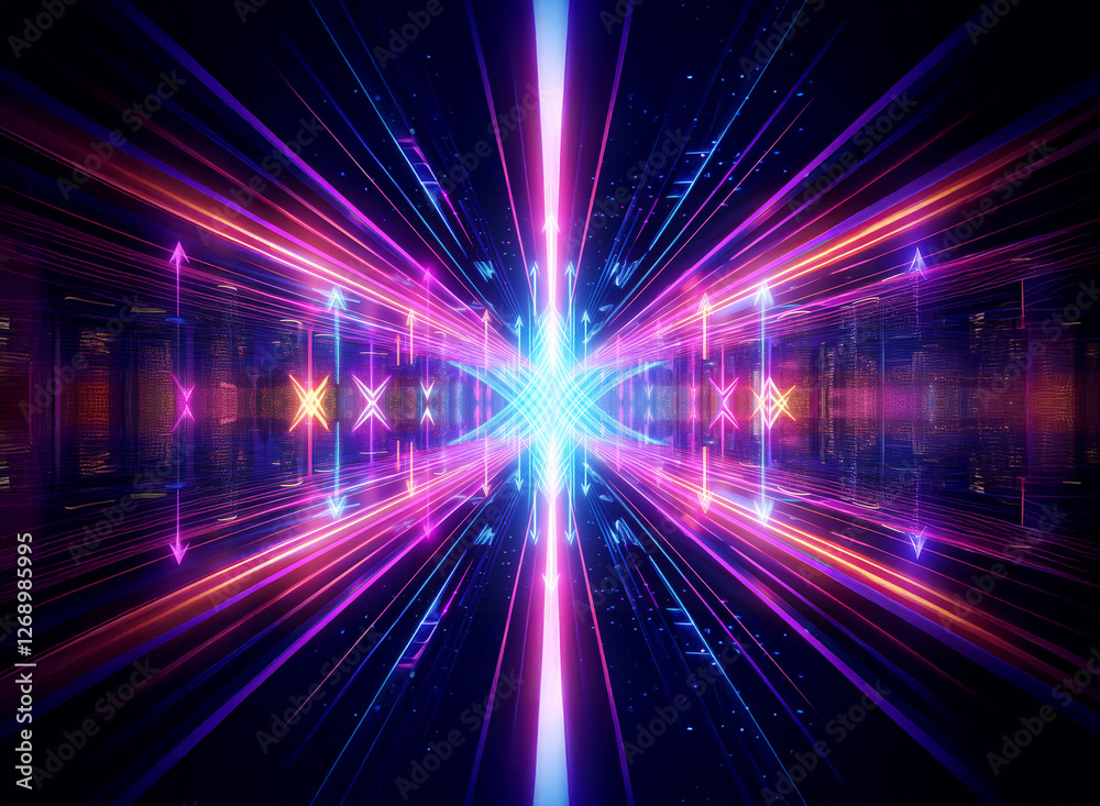 Poster Vibrant light streaks converge towards a bright center, creating a dynamic abstract tunnel effect with neon colors. The image evokes a sense of speed and futuristic technology.
