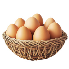 A graphic-style illustration of smooth brown eggs placed in a woven basket, balanced composition with a natural look, centered and surrounded by empty space, transparent background, PNG