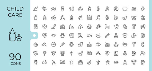 Set of Child care line icons. Contains such icons as tricycle, bear, pacifier, newborn, feeding, face and more. Minimalistic icons. Minimalist editable vector stroke.