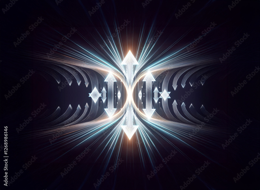 Leinwandbilder Symmetrical abstract design with glowing arrows pointing up and down. Light rays burst from the center, creating a futuristic and dynamic effect on a dark backdrop.