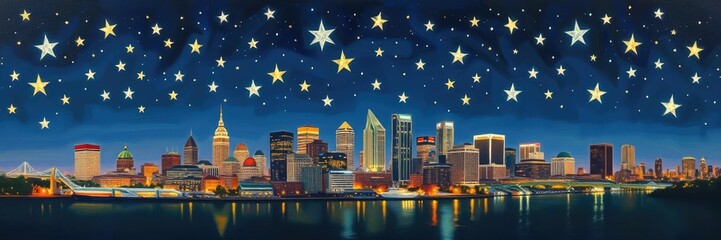 Detroit Cityview with Oil Painted Stars at Night, skyscrapers, metropolitan area