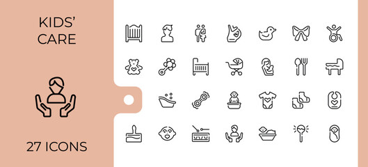 Set of Child care line icons. Contains such icons as tricycle, bear, pacifier, newborn, feeding, face and more. Minimalistic icons. Minimalist editable vector stroke.