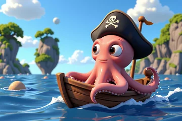 Adorable Cartoon Octopus Pirate Sailing Wooden Boat Tropical Ocean Island Scene