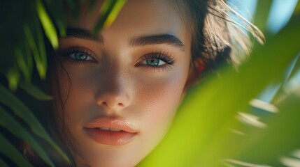 Fototapeta premium A striking young woman with radiant skin and expressive eyes peers through vibrant green leaves. The soft sunlight highlights her features, creating an enchanting aura of beauty and nature