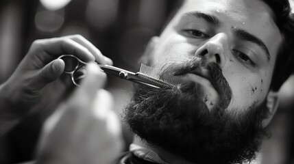 A black and white close-up photo of a man getting his beard trimmed with scissors and comb. The man is looking down at the barber's hands.