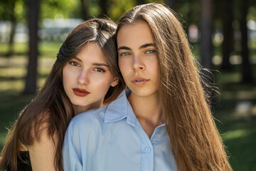 Fototapeta premium Fashion portrait of two girlfriends