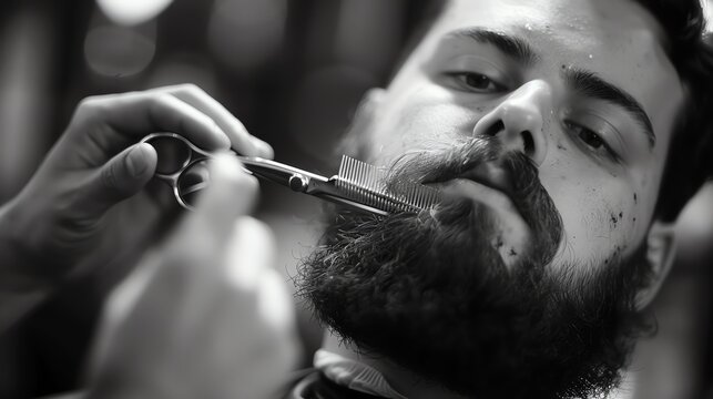 A black and white close-up photo of a man getting his beard trimmed with scissors and comb. The man is looking down at the barber's hands.