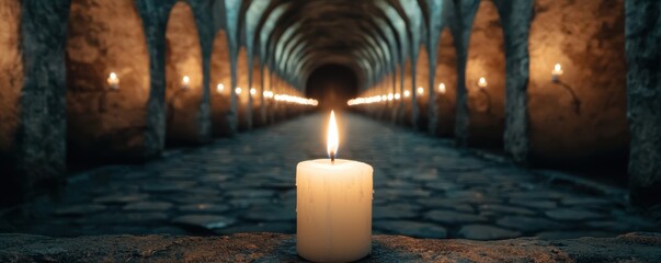 Holy Saturday faith procession concept. A solitary candle illuminates a dark, stone corridor lined with arches, creating a mystical, serene atmosphere.