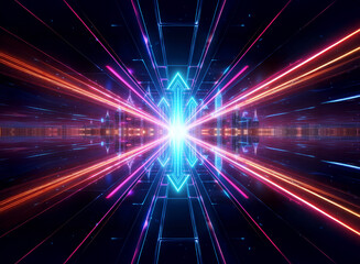 Bright neon lights form arrows in a tunnel, converging towards a central point. Blue, pink, and orange hues create a futuristic, vibrant, and dynamic perspective in this abstract design.