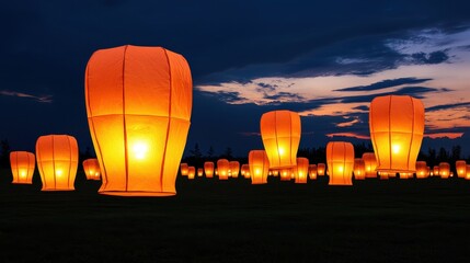 Holy Saturday faith procession concept. A vibrant display of glowing lanterns lights up the night sky, creating a mesmerizing and peaceful atmosphere against a backdrop of twilight.