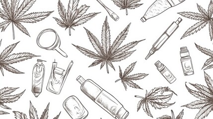 Hand-Drawn Cannabis Leaves and Accessories on White Background