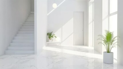Fototapeta premium Serene Minimalist White Interior: Sunlit Hallway with Staircase and Plants