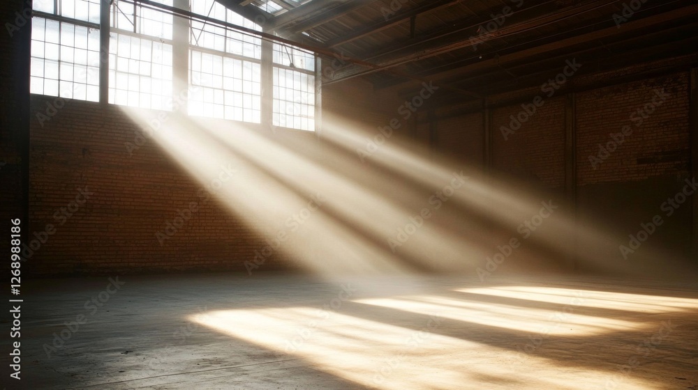 Poster in a dimly lit warehouse, sunbeams break through dusty windows, illuminating the space with a warm g