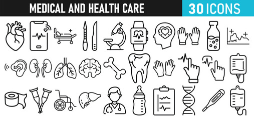 Medical and health Care liner icons set for web and mobile app. Medicine and Health Care symbols. Emergency, medical equipment, RX, MRI, doctor, lab, virus, prescription, ambulance