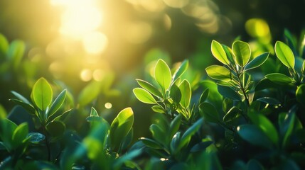 Fresh Green Leaves in Soft Morning Light with Bokeh Effect
