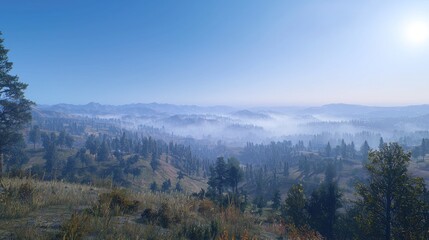 Misty mountain valley vista, tranquil morning, serene landscape, ideal for background