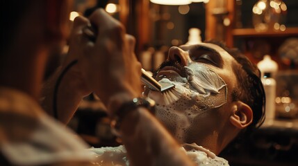 A man is getting a close shave at a barbershop. The barber is using a straight razor and a shaving brush. The man's face is covered in shaving cream.