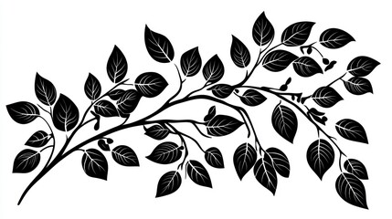 Black silhouette of leafy branch, design element, isolated white background, nature, decoration
