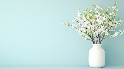 Fototapeta premium White cherry blossom branches in a ceramic vase stand on a table against a light blue wall.