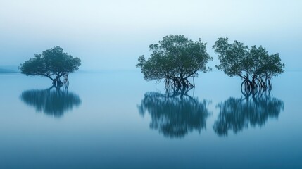 Obraz premium Serene Mangrove Trees Reflecting in Calm Water at Dusk