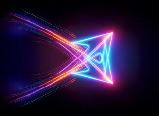Naklejka premium Glowing neon triangle emits vibrant pink, blue, and orange light trails against a dark backdrop, creating a dynamic and futuristic digital effect.