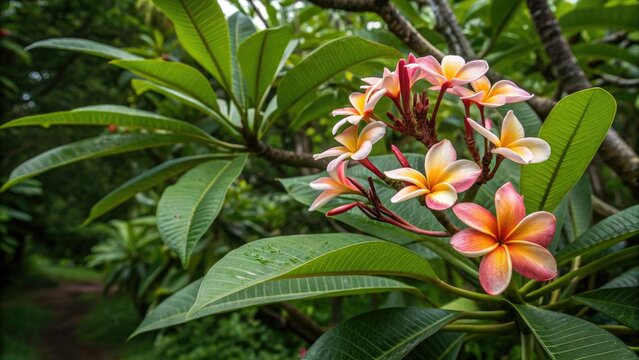 Exotic tropical flowers clustered together on a branch amidst lush green foliage and vibrant leaves, nature, scenery