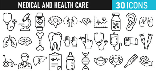 Medical and health Care liner icons set for web and mobile app. Medicine and Health Care symbols. Emergency, medical equipment, RX, MRI, doctor, lab, virus, prescription, ambulance