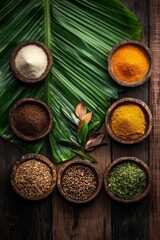Fototapeta premium Fresh herbs and spices arranged beautifully on banana leaves, symbolizing the essence of the Onam festival. This colorful display showcases a variety of ingredients used in festive dishes.