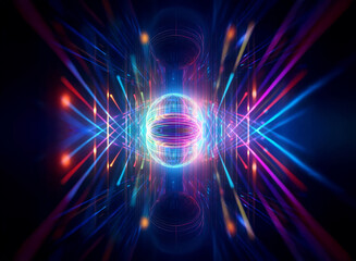 Obraz premium Vibrant abstract image of a glowing oval center emitting colorful neon lines. Dynamic, futuristic light explosion with blue, pink, orange, and purple hues.