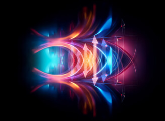 Fototapeta premium Abstract symmetrical design with vibrant, glowing colors on a dark backdrop. Dynamic light forms create a modern, artistic piece with flowing energy and bright illumination.