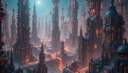 Obraz premium Futuristic Metropolis: A Glowing Cityscape of Towering Structures and Advanced Architecture in a Cyberpunk World