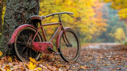 Fototapeta premium A vintage red bicycle leans against a tree, surrounded by vibrant autumn foliage and fallen leaves on a tranquil path.