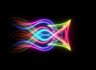 Obraz premium Abstract design featuring vibrant neon light trails against a stark black backdrop. Symmetrical, curved, and colorful lines create a dynamic and modern visual effect.