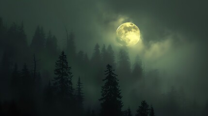 The full moon rises over a dark forest. The trees are silhouetted against the sky, and the only light comes from the moon.