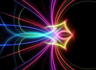 Naklejka premium Vibrant light trails converge and diverge on a black backdrop, creating a symmetrical, abstract design with dynamic and colorful lines.