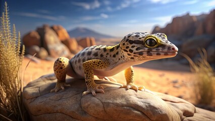 Obraz premium Leopard Gecko on Sandstone Rock in Desert Landscape - Reptile Portrait Photography