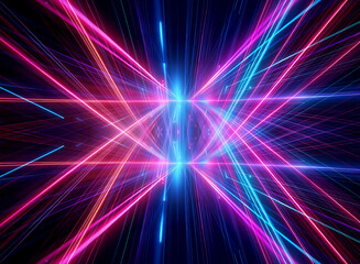Fototapeta premium Abstract image featuring vibrant pink and blue lines that intersect and radiate, creating a dynamic, futuristic perspective on a dark backdrop.
